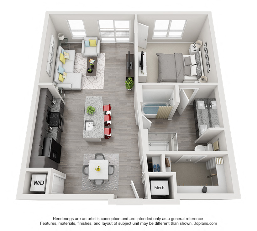 Floor plan for 1 bed, 1 bath, 845 sqft